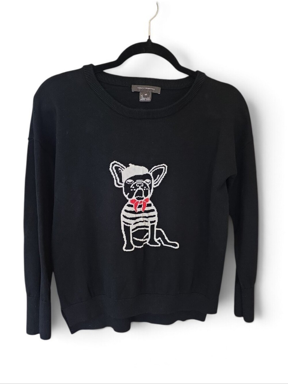 French Connection Black Crewneck Sweater with White & Red Dog Intarsia